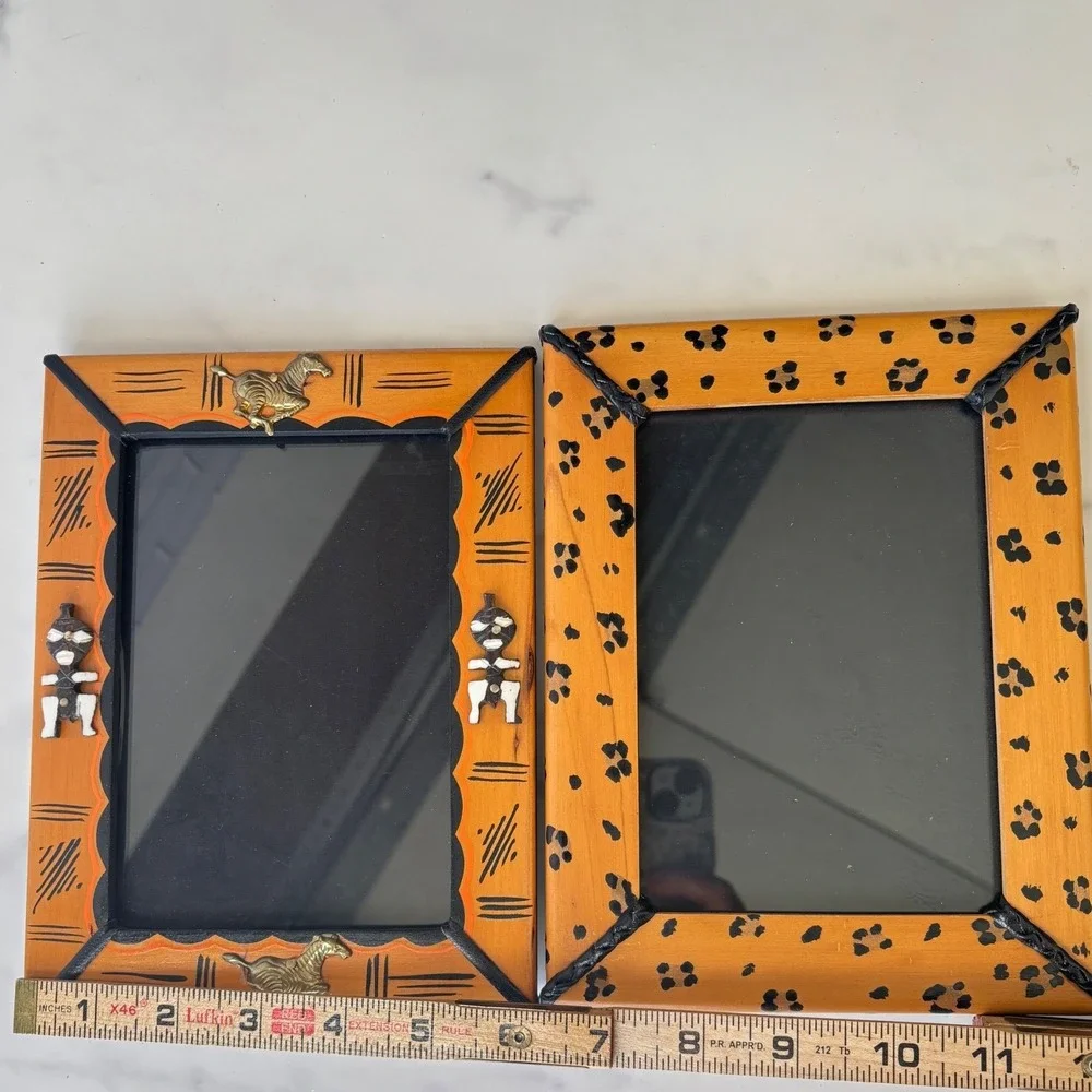 Vintage African Safari Wood Picture Frames Set of 2 Zebra‎ Leopard Tribal 4x6
